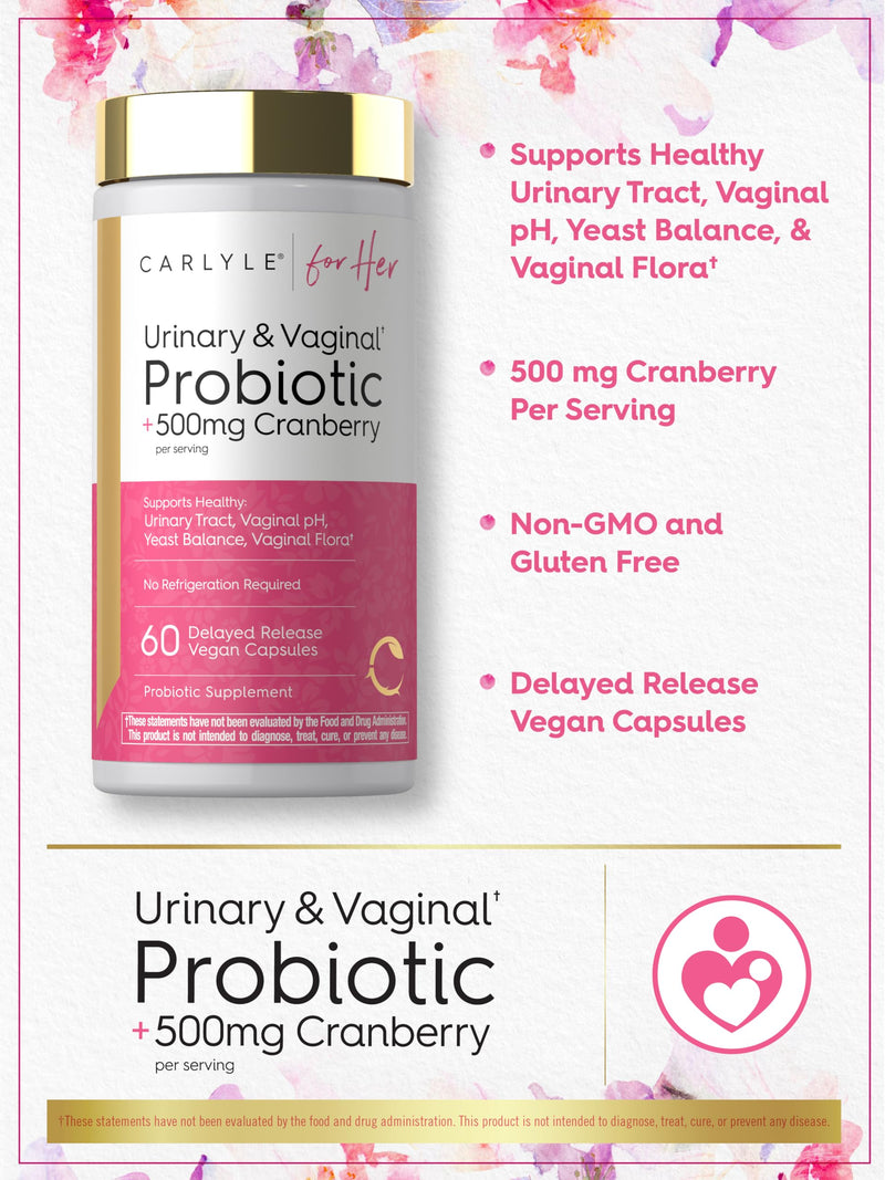 Carlyle Urinary and Vaginal Probiotic for Women | 60 Capsules | with Cranberry | Supports Healthy Urinary Tract, Vaginal pH, Yeast Balance, Vaginal Flora | Vegan, Non-GMO and Gluten Free | for Her