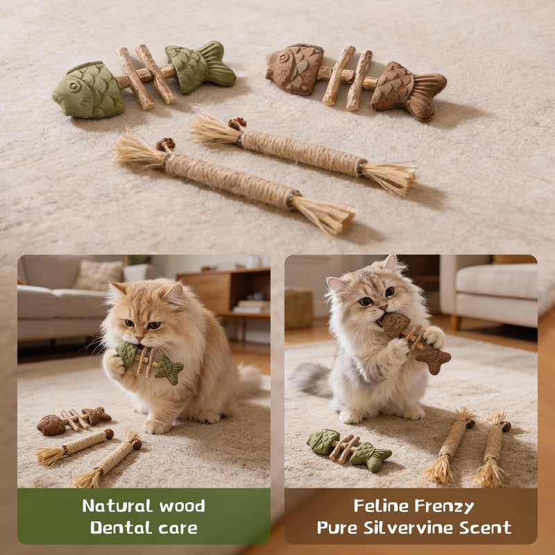 Catnip and Silvervine Cat Chew Sticks for Dental Health - Natural Wood Teething Toys with 2 Fish Bone & 2 Silvervine Flavors, Durable Interactive Chews for Indoor Cats and Kittens Teeth Cleaning