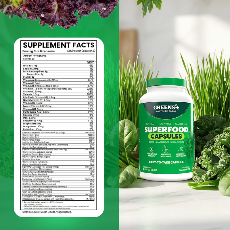 Greens+ Organic Superfood Capsules, Naturals Dietary Supplement | 240 Count | Organic Spirulina and Chlorella, with Alfalfa & Wheat Grass, Vitamins & Minerals Supplements, Gluten-Free, Vegan, Non-GMO
