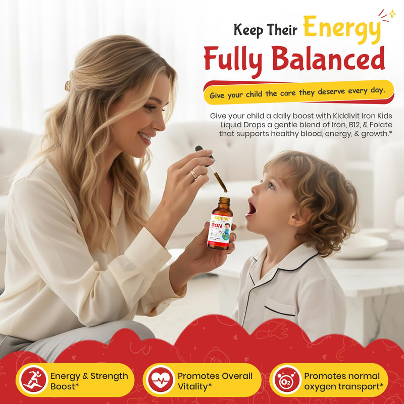 Iron Kids Liquid Drops with Vitamin B12 & Folate – 30 Daily Servings, 2 FL OZ (60 mL) – Gentle Formula, Sugar Free, Gluten Free, Vegetarian
