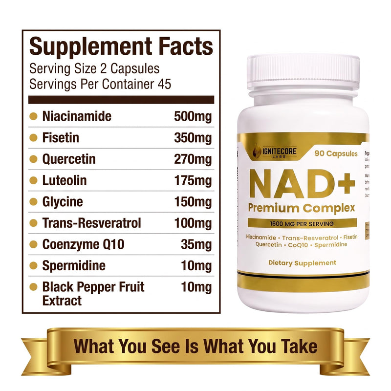 NAD+ Premium Complex 1600mg | Niacinamide Fisetin Quercetin Trans-Resveratrol CoQ10 Spermidine | Longevity Supplement Cellular Energy Healthy Aging Support | Vegan Non-GMO Gluten Free | 90 Capsules