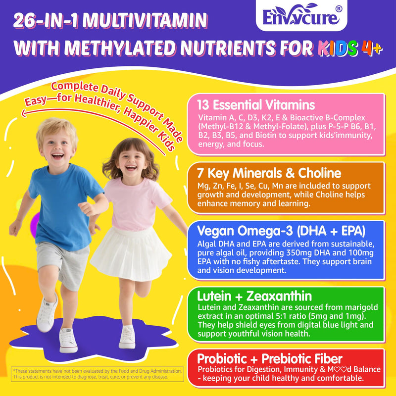 Kids Multivitamin Gummies + Iron, Kids Focus Gummies with Omega-3, Brain Attention Supplements, Memory, Vision, w/ Lutein, Methylated Folate & B12, Probiotics, Fiber, Children Vitamins for Growth 2P 60 Count (Pack of 2)