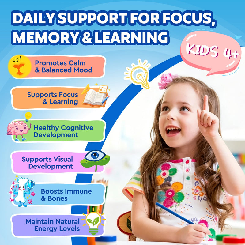 Kids Focus and Attention Supplements with Phosphatidylserine, Omega-3, Magnesium Glycinate & L-Theanine, Brain Vitamins Liquid Drops for Kids Memory, Cognitive, Sleep, Calm & Mood, Strawberry, 4 Fl Oz 4 Fl Oz (Pack of 1)