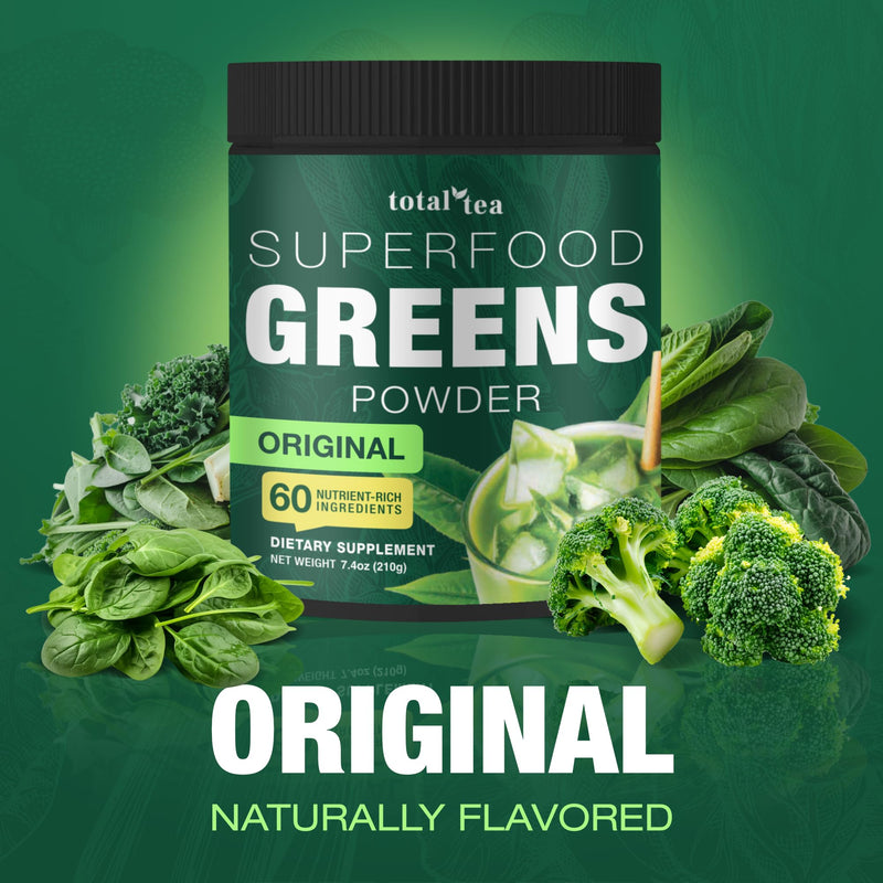 Total Tea Super Greens Powder Original Spirulina Chlorella Vegan Superfood | 21 Servings Fruits Vegetables Vitamins Antioxidant Energy Green Drink Powder for Smoothies Unflavoured