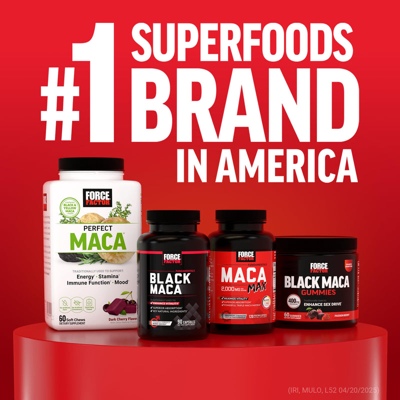 Force Factor Black Maca Gummies for Men & Women | Boost Energy, Strength, Drive & Vitality, Superior Absorption, Peruvian Black Maca Root, Passion Berry, 60 Gummies 60 Count (Pack of 1)