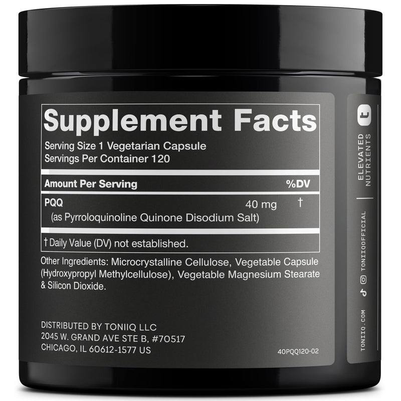 Toniiq 99%+ 40mg Supplement – Ultra High Purity PQQ 40mg | Concentrated Formula - PQQ 40 mg 120 Capsules - Pyrroloquinoline Quinone Supplement - 1 Capsule Serving - Vegetarian Capsules
