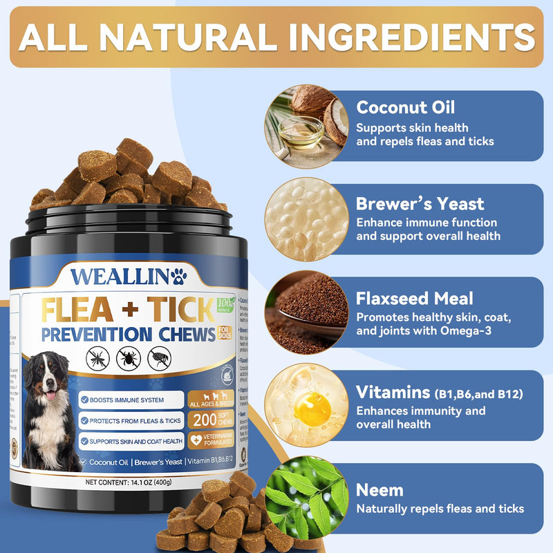 WEALLIN Flea and Tick Prevention Chews for Dog&Cats, Flea and Tick Prevention for Dogs, Flea and Tick Prevention for Cats, 200 Soft Chews, Chicken Flavor, Natural Flea and Tick Treatment