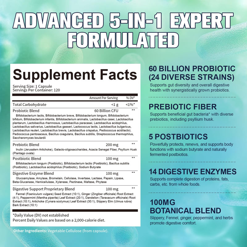 Totaria 5-in-1 60 Billion CFU Probiotic Prebiotic & Postbiotic for Women & Men, w/Digestive Enzymes, Slippery Elm, Daily Complete Gut Health, Digestive & Immune Support, 4 Month Supply, Vegan