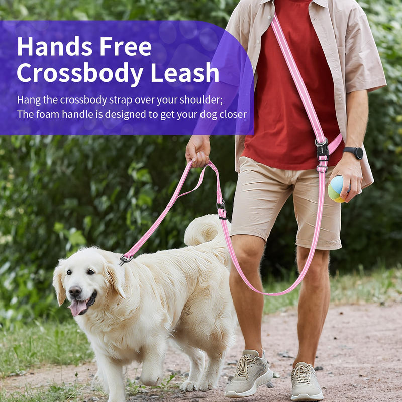 Kazazoo Hands-Free Dog Leash with Adjustable Length 6-9FT + Dual Padded Handles Reflective Safety for Walking, Jogging & Training | Suitable for Medium to Large Dogs & Puppies Pink-L L