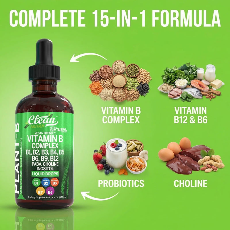 Vitamin B Complex Liquid Drops | Thiamine B1, B6, B2, B3, B4, B5, B7 B9, B12, Niacinamide, Paba, Choline Inositol Taurine Probiotics Beet Root Spirulina - Plant-B Vitamin Supplements by Clean Nutra 1