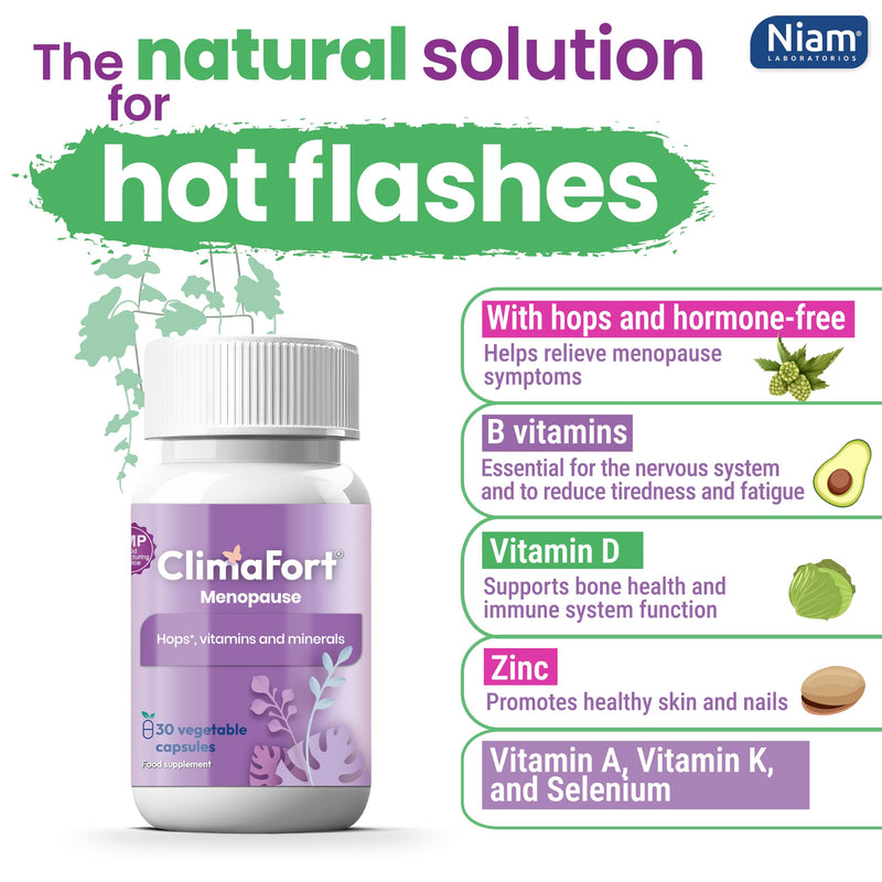 Climafort Menopause Support | Hot Flashes & Night Sweats | Hops | 1 Daily | Menopause relief pills with vitamins & minerals | Hormone-free, soy-free | Perimenopause support | 30 capsules | 1 month