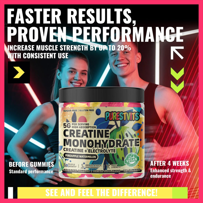 Creatine Monohydrate Gummies (5g) ‚Äì Pre-Workout Energy & Muscle Growth Support for Men & Women | Pineapple Watermelon Electrolyte Gummies (135 Count) Pineapple & Watermelon