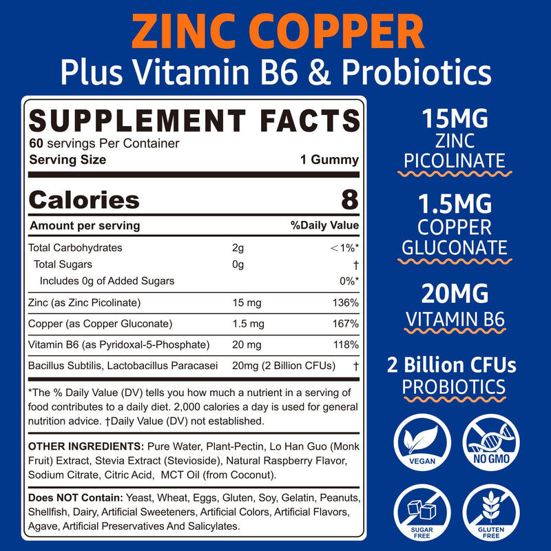 Zinc Copper Gummies, 2 Months Supply (15MG Zinc + 1.5MG Copper Per Serving) | Zinc Supplement w/ Probiotics, Vitamin B6 for Skin & Hair, Immune & Acne Support, Essential Minerals Supplements, Sugar Free 60 Count (Pack of 1)