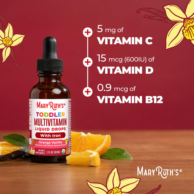MaryRuth's Organic Toddler Multivitamin Drops with Iron, Vegan, 30 Servings | USDA Organic, Immune Support, Bone Health, Growth & Development, Overall Wellness Cocomelon Todder Multi + Iron