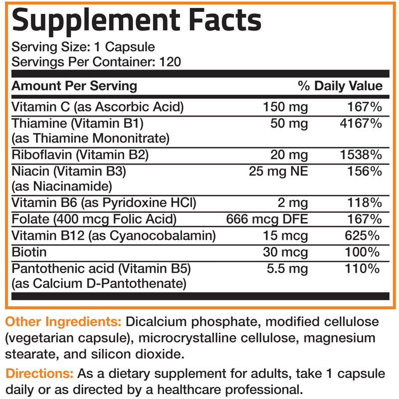Bronson Vitamin B Complex with Vitamin C Vegetarian Capsules, 120 Count | Immune Health, Energy Support, Nervous System Support, Non-GMO, Soy-Free, Gluten-Free, Contains All B Vitamins Unflavored 120 Count (Pack of 1)
