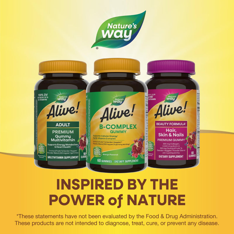 Nature's Way Alive! B-Complex Gummies, Cellular Energy Support*, 60 ct | Vitamin B12, B6, and Folate for Cellular Energy Support*, in Vegetarian, Gluten-Free Gummies with Plant-Based Pectin 60 Count (Pack of 1)