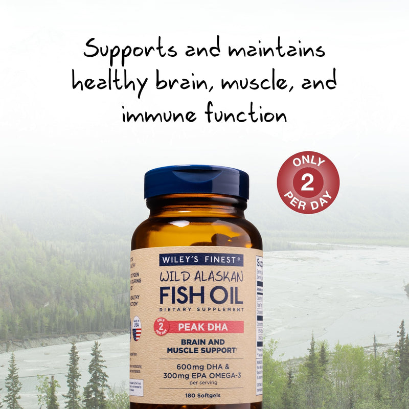 Wiley's Finest Wild Alaskan Fish Oil Peak DHA, 180 Count (Pack of 1) | Wild Alaskan Fish Oil, Peak DHA Softgels, 300 mg EPA and 600 mg DHA Omega-3s, Brain & Muscle Support, Only 2 Per Day 180 Count (Pack of 1)