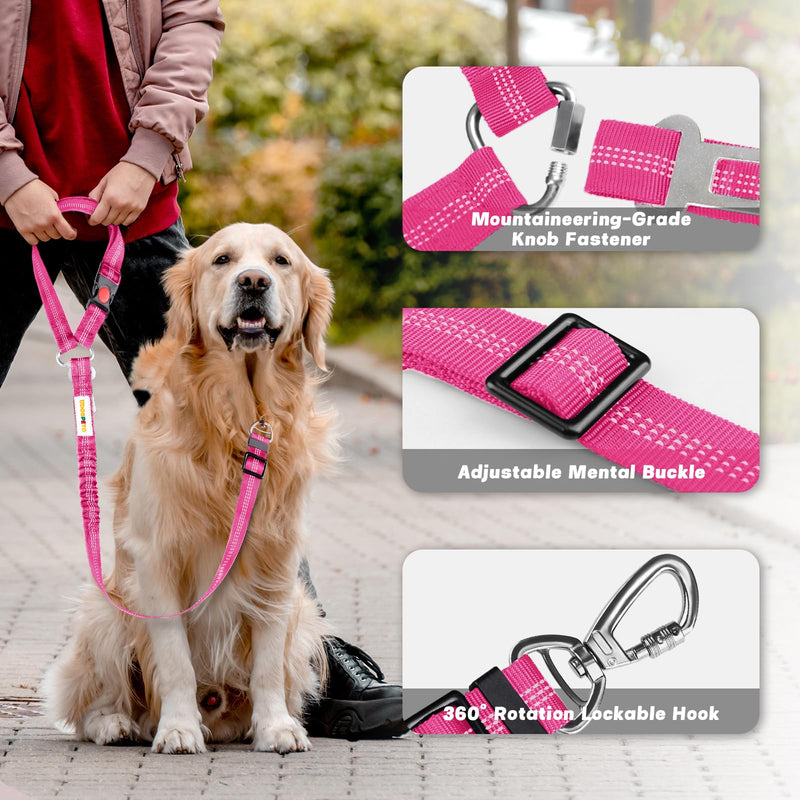 Dog Seat Belt for Car, Adjustable 4-in-1 Dog Car Seatbelt Leash with Hook & Buckle, Reflective Dog Seatbelt Harness for Car with Vehicle Car Headrest & Swivel Carabiner and Poop Bag, Rose - BeesActive Australia