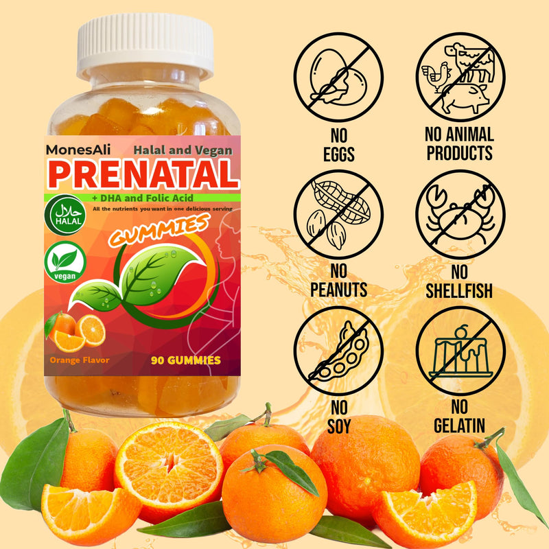 Prenatal Gummies for Women - Vegan Halal Prenatal & Postnatal Multivitamin with Folate, DHA, Iron & Biotin - Supports Healthy Pregnancy, Postpartum Energy & Hair Health 90 Count Orange & Strawberry 90 Count (Pack of 1)