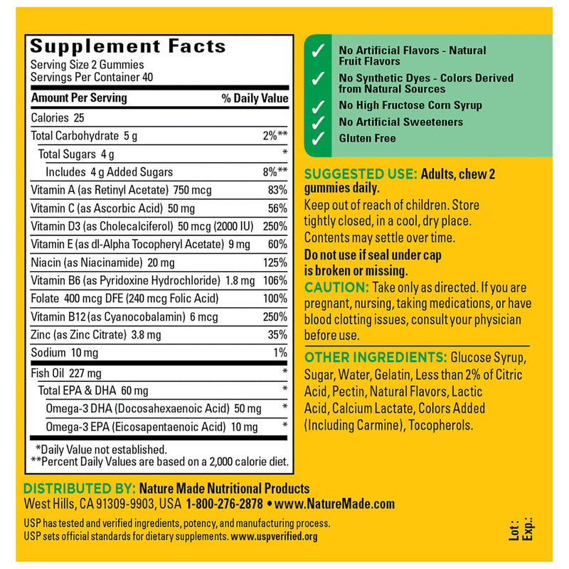 Nature Made Multivitamin + Omega-3, Multivitamin Gummies for Adults, 80 Ct | Adult Gummy Vitamins & Minerals, Multivitamin Gummies for Women and Men, Daily Nutritional Support, 40 Day Supply Strawberry, Lemon & Orange 80 Count (Pack of 1)
