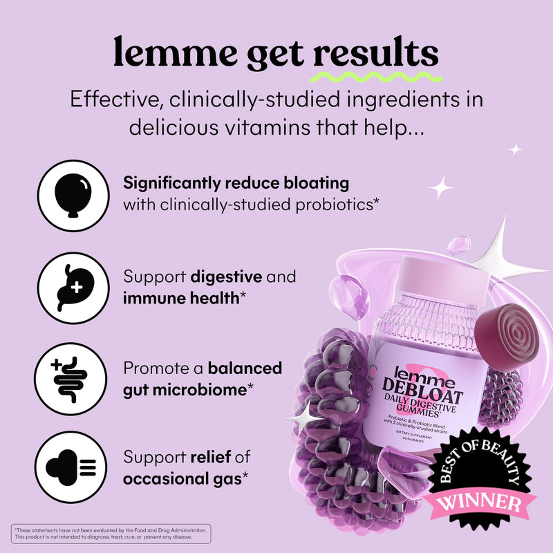 Lemme Debloat Digestive & Gut Health Gummies (60 Gummies) (Pack of 2) | 2 Clinically Studied Probiotics & Prebiotic, Vegetarian, Gluten Free, Non GMO, BlackBerry Flavor 60 Count (Pack of 2)