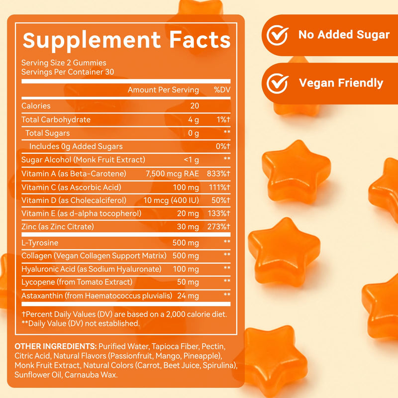 Tanning Gummies, Sunless Tanning Supplement for Women and Men, with Beta Astaxanthin, Carotene, Lycopene, Collagen & Vitamins | Skin Radiance & Hydration | Vegan & Sugar Free - 60 Count Orange