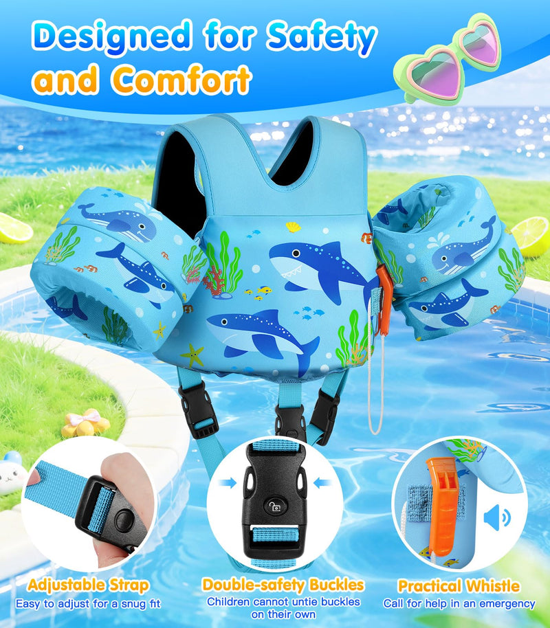 MoKo Toddler Swim Vest for 15-30-50-66 pounds, Boys Girls Swim Puddle Arm Floaties Cartoon Swimming Water Wings with Crotch Strap, Pool Floats Jacket Sleeves Shoulder Straps Arm Band for Toddler for kids 15-30 lbs Blue Twin Sharks - BeesActive Australia