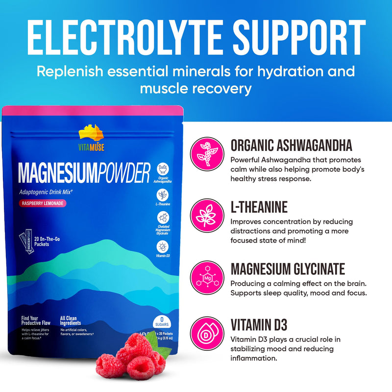 VITAMUSE Adaptogenic Magnesium Drink Mix, Raspberry Lemonade Flavor, 20 Packets with Ashwagandha, L-Theanine, Vitamin D3