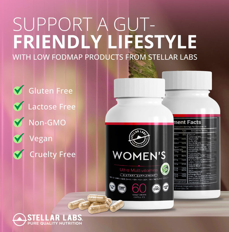 Stellar Labs Low FODMAP Vegan Women's Ultra Multi-Vitamin | Easy to Digest Daily Multivitamin Without Iron | Low Energy Supplement, Female Support | Easy to Swallow Veggie Capsules | 60 Count