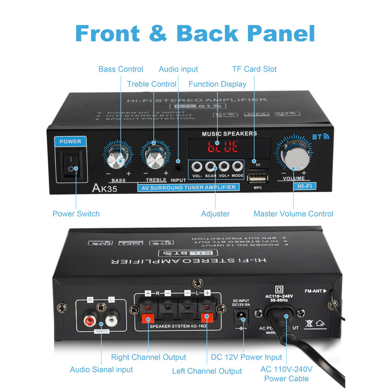 Stereo Amplifier AK35 Bluetooth 5.0 Max 200W 2.0 Channel Mini Amplifier Stereo Receivers for Car, Home Party, Audio Amplifier AMP w/USB/TF Card/AUX Input/Bass & Treble Control
