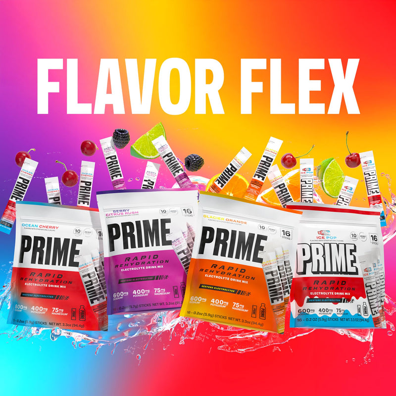 PRIME Rapid Rehydration Electrolyte Powder Sticks, Glacier Orange, Sugar Free Hydration Drink Mix with Sodium, Potassium, Magnesium & B Vitamins to Replenish Fluids, Caffeine Free, 16 Count