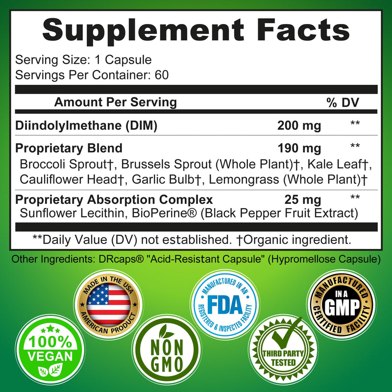 DIM Supplement Hormone Balance for Women & Men Made with Organic Vegetables | Diindolylmethane 200mg - Estrogen Balance Support, Maximum Absorption, Delayed-Release, Easy-to-Swallow Capsules, 60ct