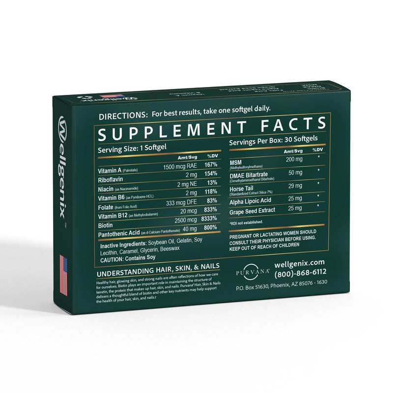 Wellgenix Purvana Hair Skin and Nails Supplement – 2500mcg Biotin Softgels with MSM & B-Complex – Daily Beauty Support for Stronger Nails & Hair Vitality – 30 Softgels | MSM, alpha lipoic acid & grape seed softgels for thicker-looking hair, stronger-lo...