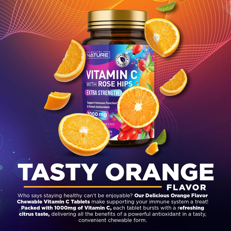 Built by Nature Chewable Vitamin C with Rose HIPS 1000mg 60 Tablets Orange Flavor, Non-GMO, Gluten-Free, Vegan, Immune Support & Antioxidant 60 Count (Pack of 1)