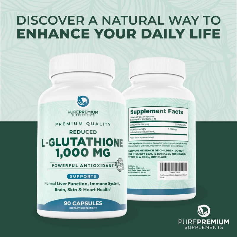 PurePremium Reduced Glutathione 1000mg Per Serving - 500mg Per Capsule ‚Äì L-Glutathione Supplement & Antioxidant Support for Normal Liver, Brain, Skin & Heart Health ‚Äì 90 Capsules - BeesActive Australia