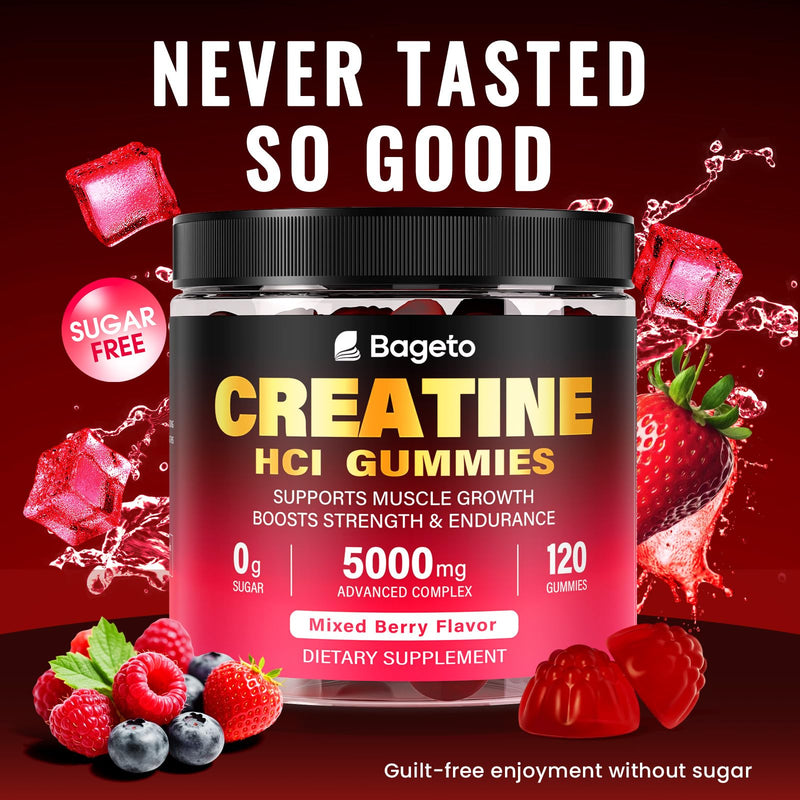 Bageto Creatine HCl Gummies Complex with 1g Turmeric & 500mg Electrolytes | 120 Ct with Beet Root & Vitamin B6, Sugar-Free 3000mg Creatine HCl Gummies for Women and Men, Post & Pre Workout , Vegan