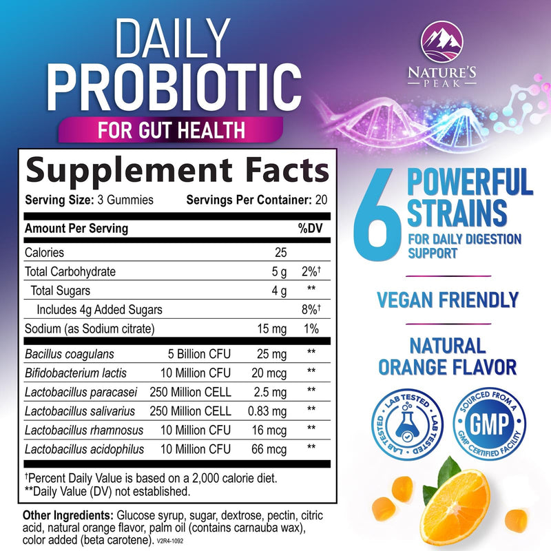 Probiotic Gummies - 6 Premium Probiotic Strains - Daily Gut Health Pro Biotic Gummy Supplement for Women, Men & Teens, Natural Digestive Health Support, “Good” Gut & Immune Support - 60 Gummies 60 Count (Pack of 1)