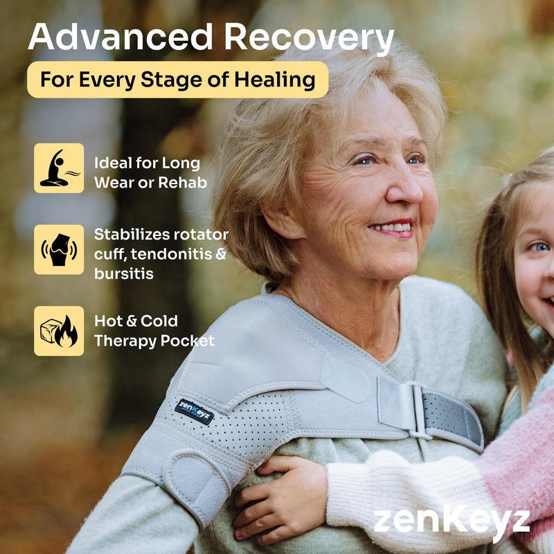 ZENKEYZ Shoulder Brace for Men & Women - Size L/XL (Chest 38-50") - Black/Copper - Copper-Infused Compression Sleeve & Rotator Cuff Support - Adjustable Strap with Ice/Heat Pocket - Sturdy Arm Sling for Joint Stability Copper Infused Black - BeesActive Australia