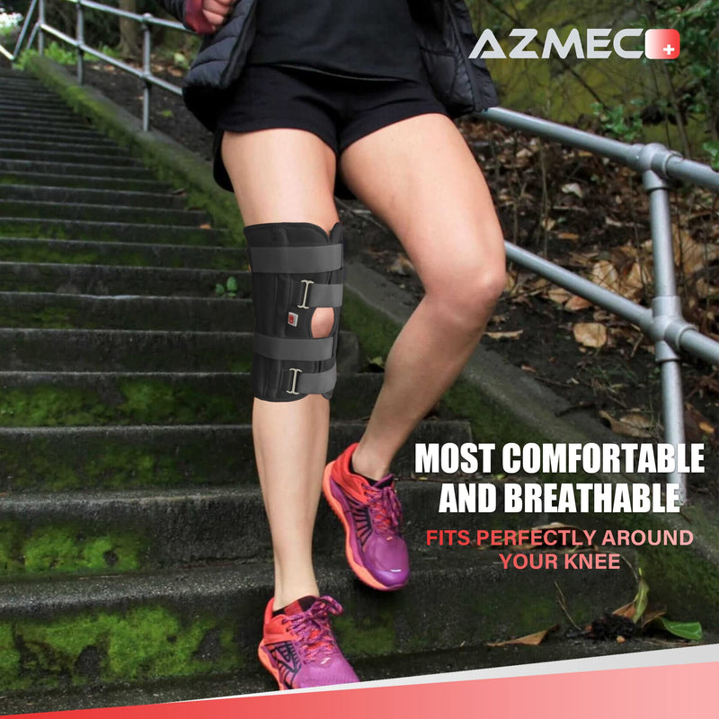 Azmec Straight Leg Brace Tri-Panel Orthopedic Knee Immobilizer 12" Long Adjustable Side Panels Knee Splint – Lightweight Universal Leg Brace for Teenager, Women and Men - Black