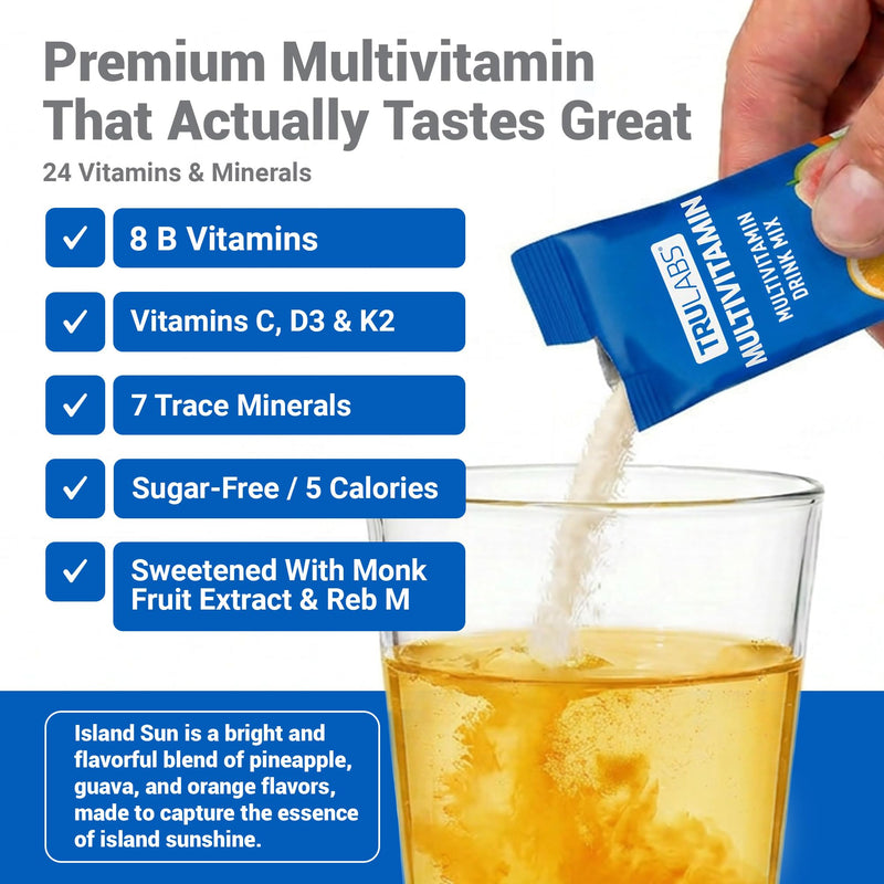TRULABS Multivitamin Drink Mix – Island Sun Flavor with 24 Vitamins & Minerals, 8 B Vitamins, A, C, D3, E, K2, Sugar Free with Monk Fruit, Dairy Gluten Soy Free, Vegan (16 Stick Packs)