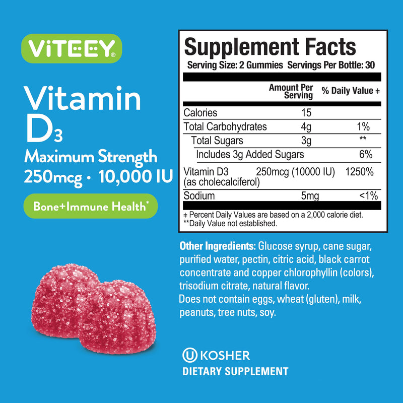 Viteey Vitamin D3 Gummies for Adults & Teens - 10,000 IU, 250mcg | Maximum Strength - Joint & Muscle Health, Immune Boost - Chewable Vitamin D Gummies - Vegetarian, Gelatin Free - 120 Count 60 Count (Pack of 2)