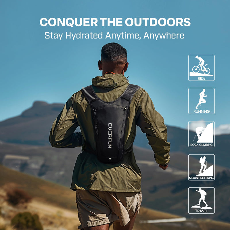 EVERFUN Hydration Backpack Running Vest Small Hiking Water Backpack with 1.5L Water Bladder for Women Men, Lightweight Reflective Dayhike Hydro Pack for Trail Running, Biking, Race, Marathons Black
