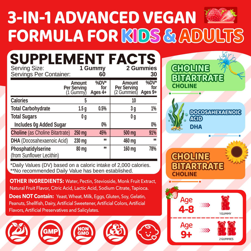 Choline Gummies for Kids & Adults, Choline Supplements 500mg with DHA, Phosphatidylserine for Brain Health, Focus, Immune Support, Sugar-Free, Vegan, Strawberry Flavor, 60 Gummies 1