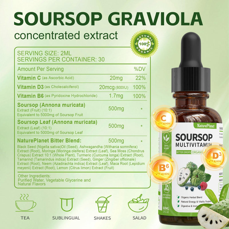 NaturePlanet Soursop Bitters Liquid 5000mg Immune Gut Support Vegan 2 Fl Oz | Soursop Multivitamin, 10 Herbal Bitters Blend, Soursop Extract, Digestive Health, Gluten-Free, Non-GMO, Nature's Heal