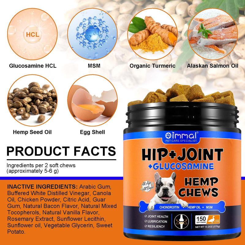 Joint & Hip Chews for Dogs - Support Joint Pain Relief - Dog Hip and Joint Supplement with Hemp Oil, Glucosamine Chondroitin for Dog, Soft Chews for Small, Medium and Large Dogs - 150pcs / Duck Flavor 13.2 OZ