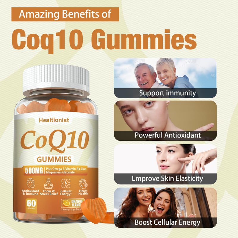 2 Pack 500MG Coq10 Gummies - 3X Better Absorption, Plus Omega-3, Magnesium, Vitamin B3 & Zinc - Coenzyme Q10 Supplements for Heart Health, Cellular Energy & Antioxidant, Vegan, 120 Counts 60 Count (Pack of 2)