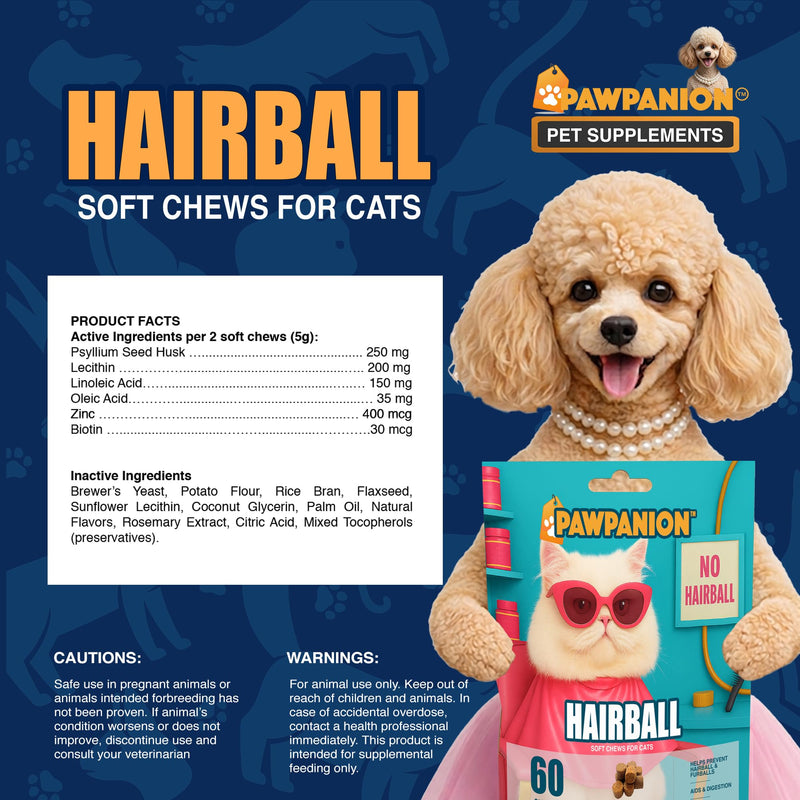 Hairball Soft Chews for Cats, Hairball Control & Digestive Support, Psyllium Fiber + Lecithin + Omega Fatty Acids, Skin & Coat Support, 60 Soft Chews Chicken Flavor