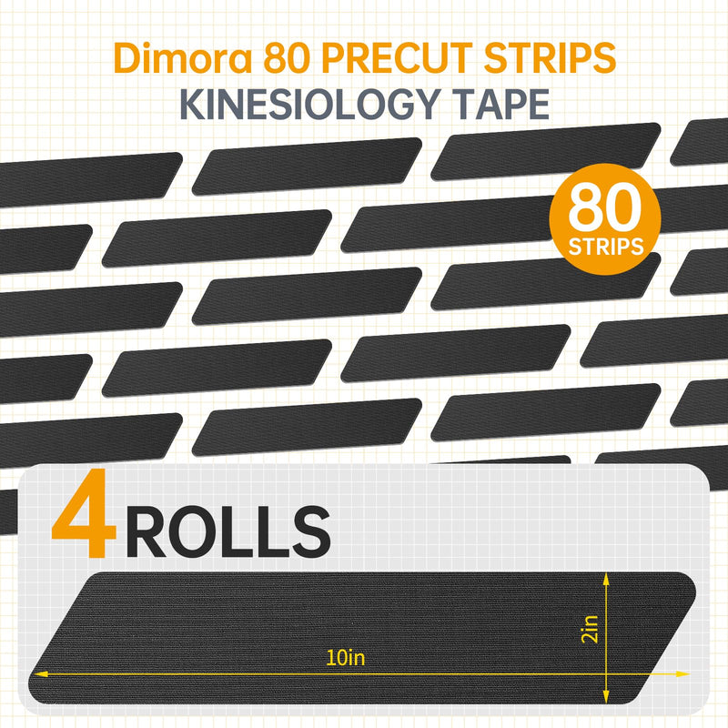 Dimora Kinesiology Tape, 80 Count Precut Strips 4 Rolls, Original Cotton, 10” Elastic Athletic Tape for Muscle Pain Relief and Joint Support, Black - BeesActive Australia