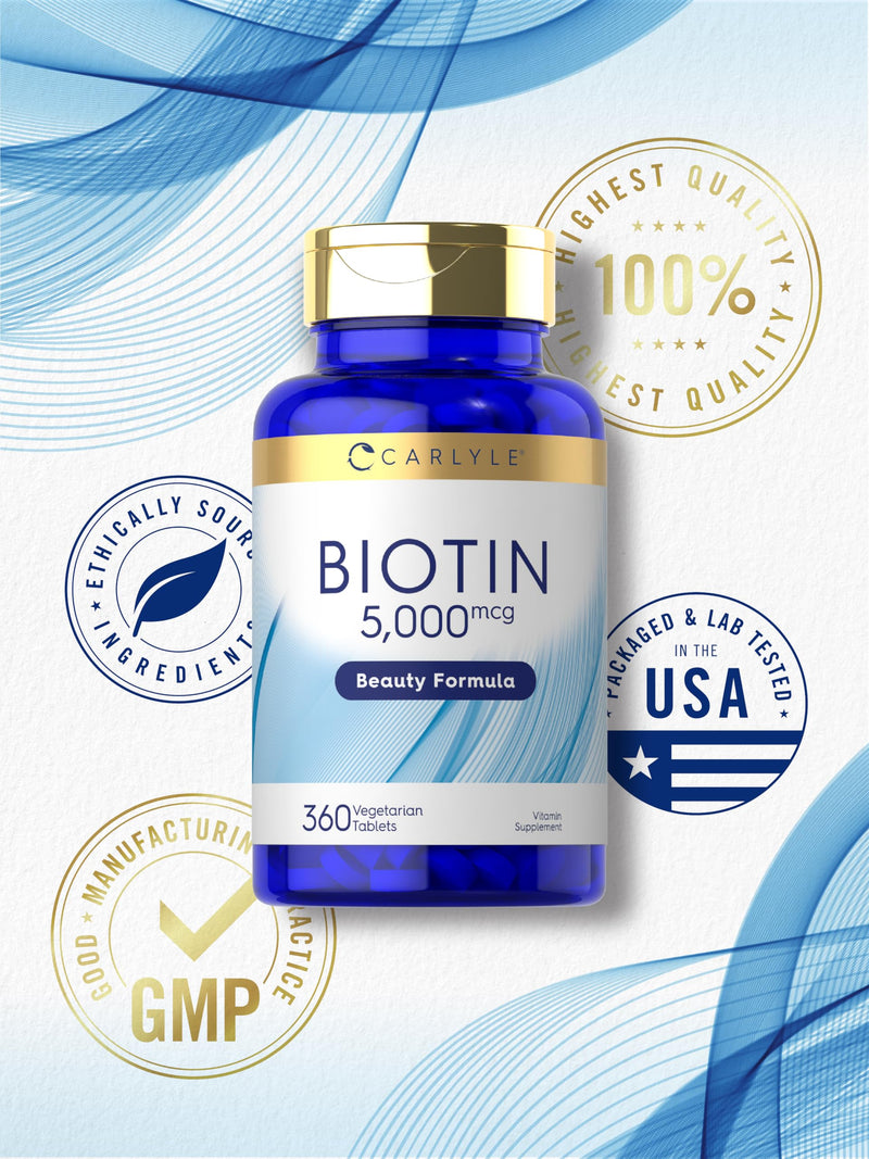 Carlyle Biotin 5000mcg | 360 Vegetarian Tablets | Beauty Formula Supplement for Hair, Skin & Nails | Non-GMO, Gluten Free 360 Count (Pack of 1)