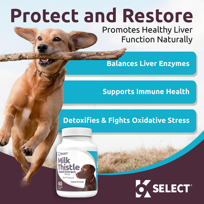 K9 Select Milk Thistle for Dogs, 100mg - 60 Beef Flavored Tablets - Canine Liver Health Natural Milk Thistle Supplement - PawsPlanet Australia